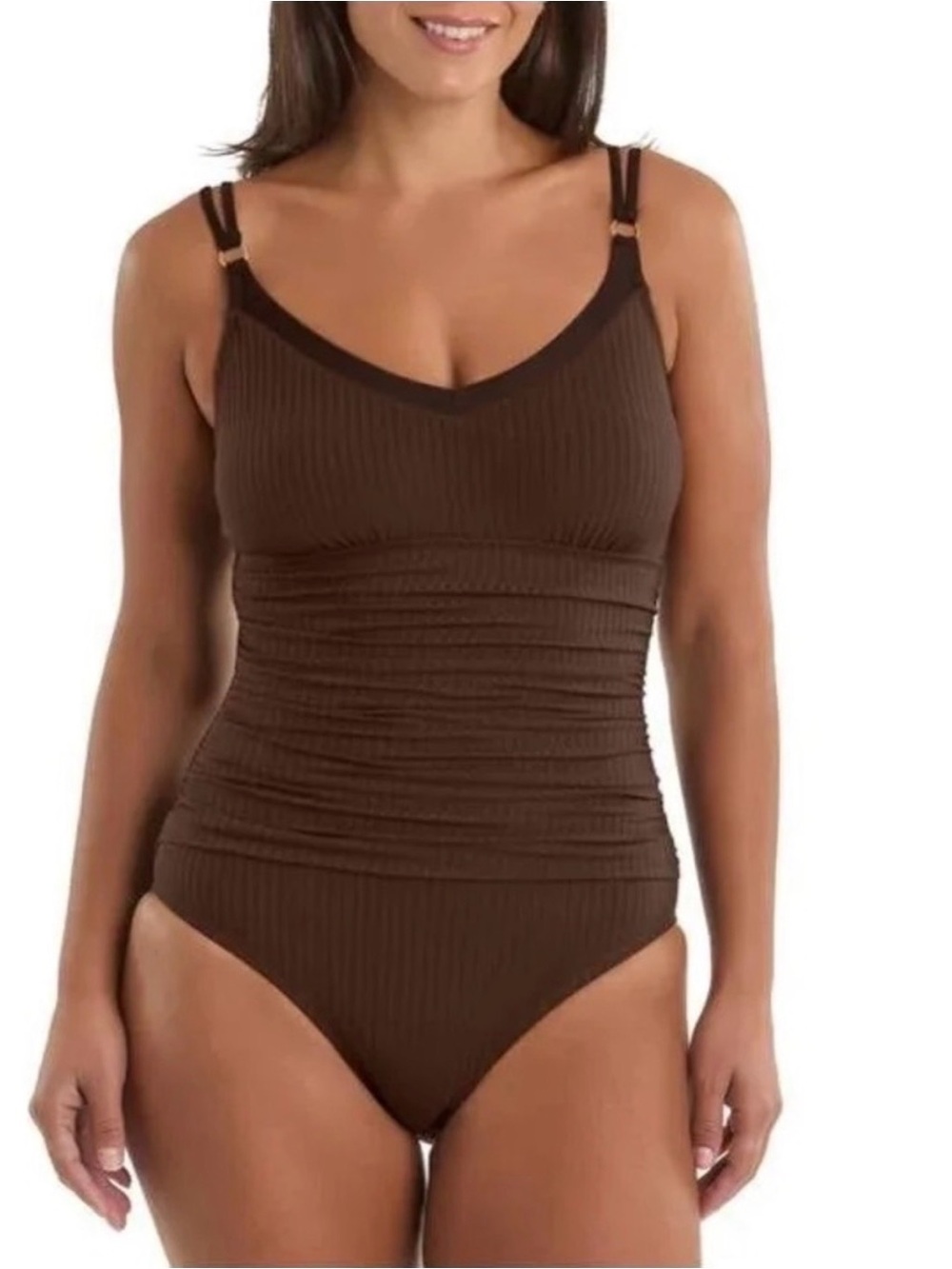 Ellen Tracy Ribbed Brown Tank One-Piece Swimsuit